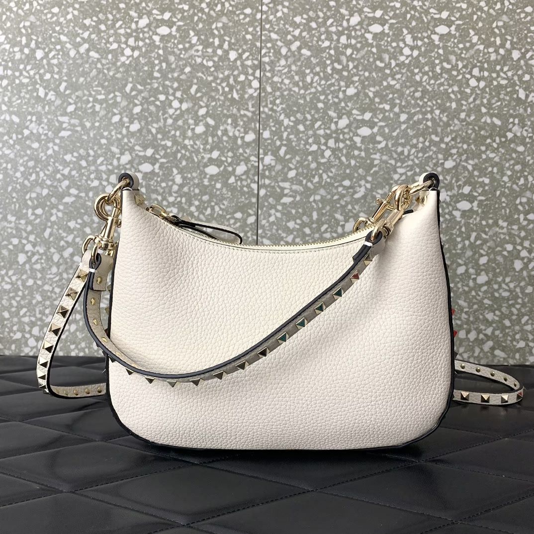 Valentino Garavani Rockstud Small Hobo Bag in Ivory Grainy Calfskin